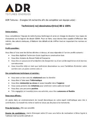 Recrutement Dessinateur en bâtiment, technicien dessinateur charpente, dessinateur technicien bois. job suisse, emploi suisse